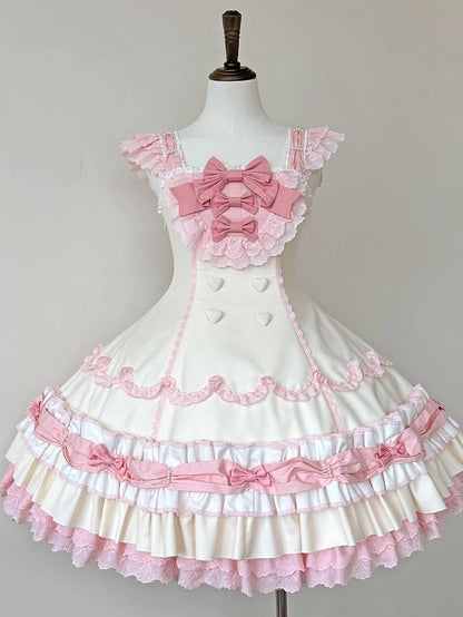 Pink Yellow Sweet Hemline Bows Ruffle Decorated Old Layered and