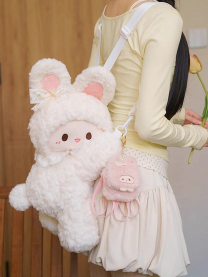 White Bag Backpack/Crossbody Keychain Plush Rabbit Backpack Bowknot +