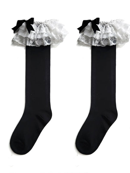 Multi-Layer Ruffle Bow Lolita Colors Lace 3 Socks Calf