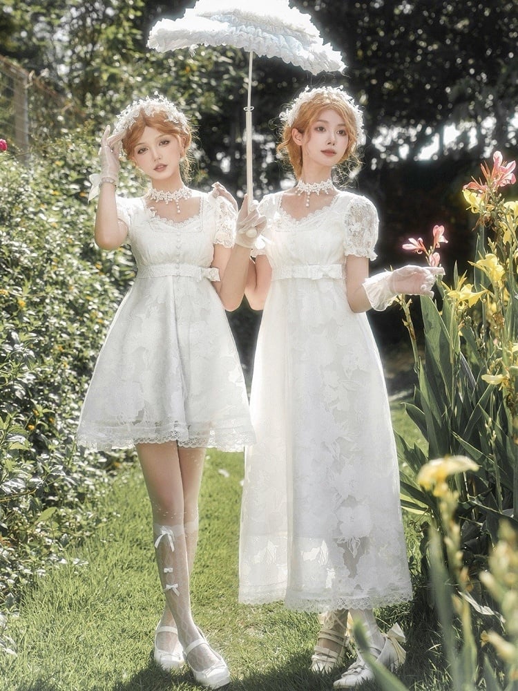 Version Slip Weißes langes Empire-Taillenkleid mit V-Ausschnitt, elegantes Lolita