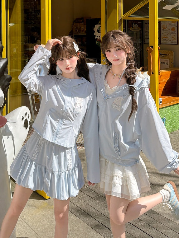 ショート/ロングジャケット ライトブルー ラムプリント サンプロテクション フード付きバージョン