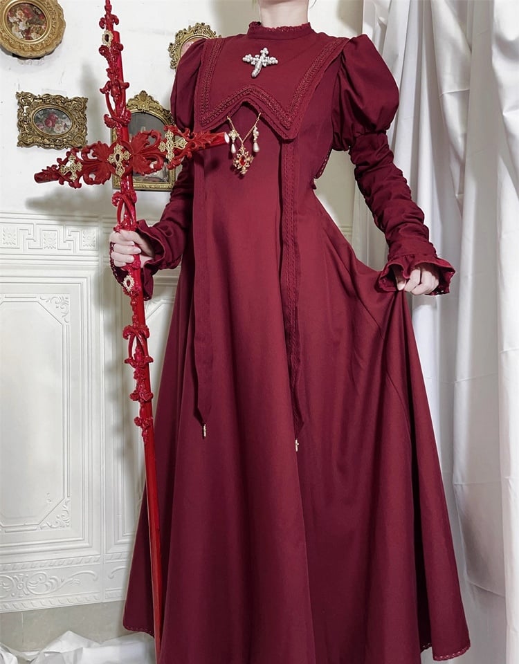 Wine Nun Outfits Halloween Dress Sleeves Cross Lolita Gathering Embroidery Red Juliette