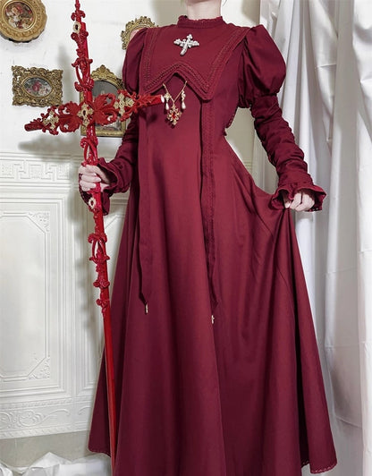 Wine Nun Outfits Halloween Dress Sleeves Cross Lolita Gathering Embroidery Red Juliette