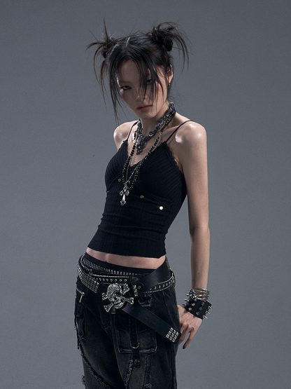 Black Punk Knit Crop Cami Top with Lace  Studs