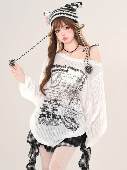 Schwarz/weißes, locker sitzendes, bedrucktes Oberteil mit asymmetrischem Ausschnitt