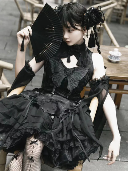 Sleeves Black Butterfly Qi with Theme Lolita Collar Banded Qipao Dress