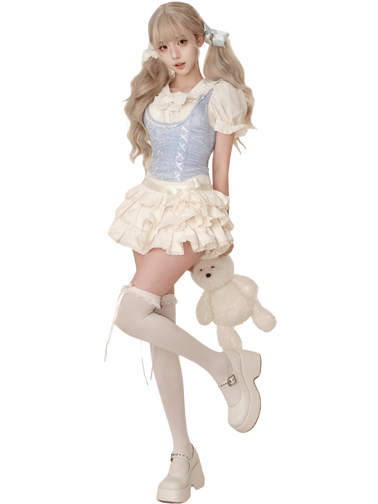 Blue Shirt Sleeve + Ice Milky Skirt Flared Vest Puff