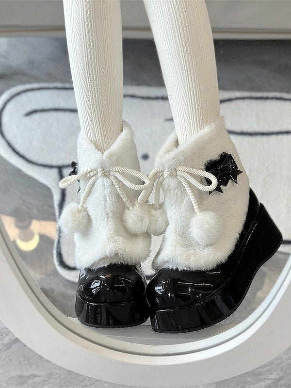 with Bow Pom-Pom Accents Ankle Black Sweet Lolita Boots Round-Toe and