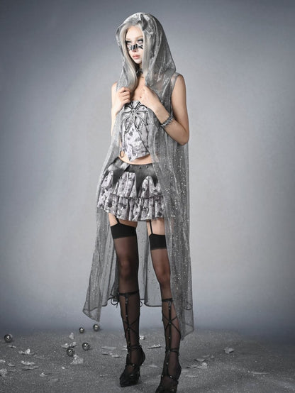 Top Fashion Grey Butterfly Chain Sequins Y3K Fishbone Strapless Cyberpunk Futuristic Silver Decorated