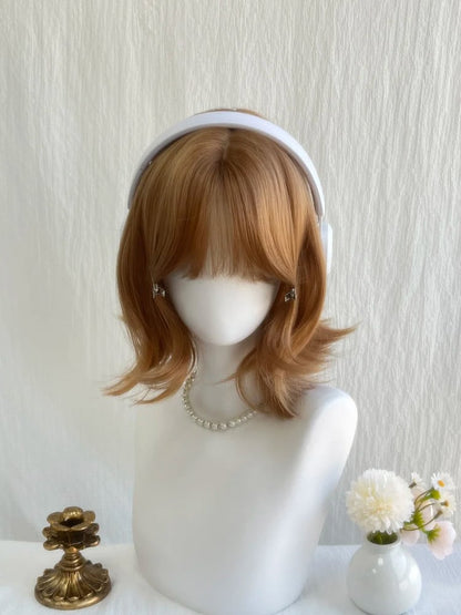 Wig Full Bangs Wavy Champagne 33CM with Short