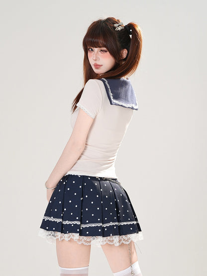 + Tシャツセット プリーツセーラー 水玉模様 取り外し可能なブルースカート ネイビー アプリコット スリムフィットカラー