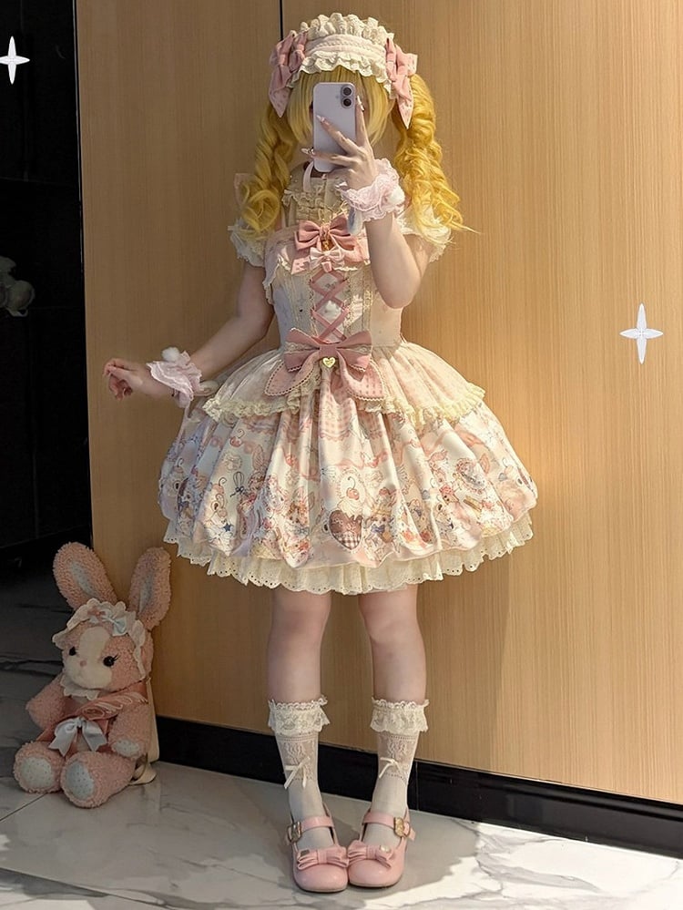Sweet Bubble JSK Dress with Pink Bunny Cake Print, Lace & Bow Accents - Rose Weaving Poetry
