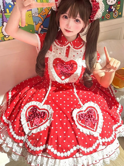 Lolita Dot Sweet Polka Sweetheart Dress Accents with Heart White Applique Red Bow