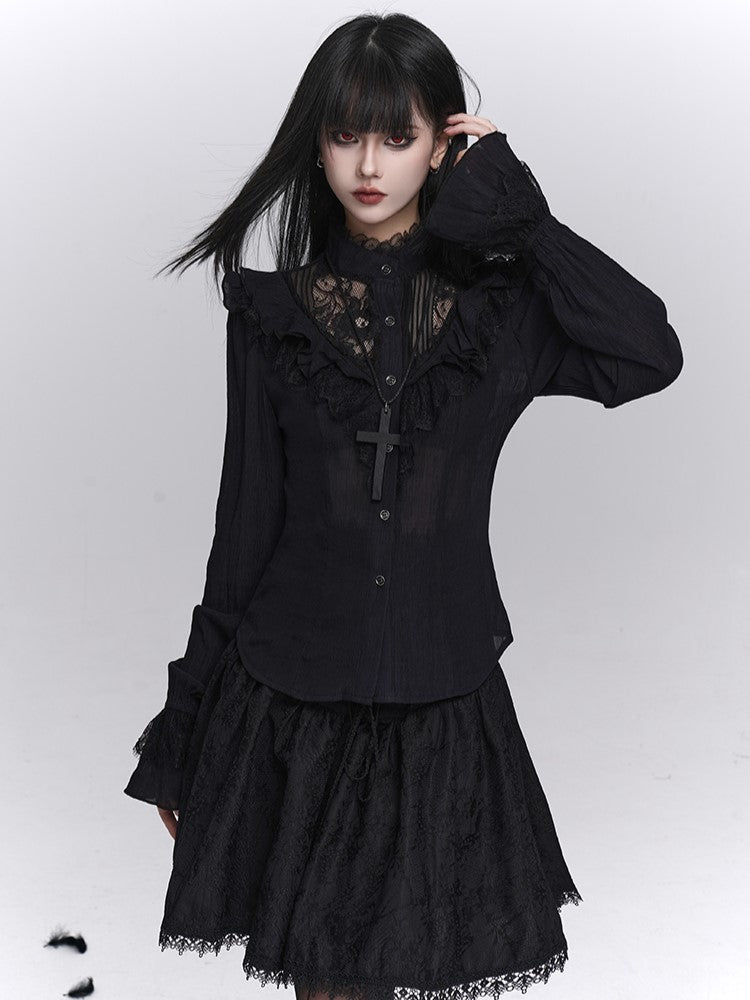 Long Cuffed Lace with Blouse Floral Gothic Embroidery Cutout Black Sleeves Sleeve