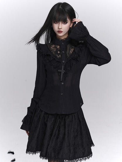 Long Cuffed Lace with Blouse Floral Gothic Embroidery Cutout Black Sleeves Sleeve