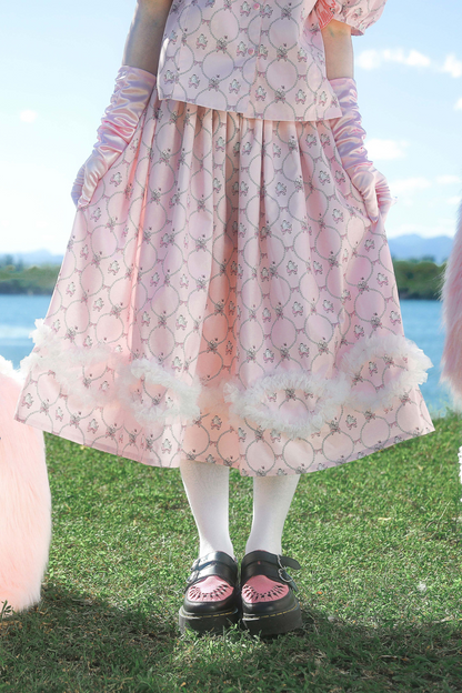 メッシュパールウェーブプリントピンクアニマルスカート
