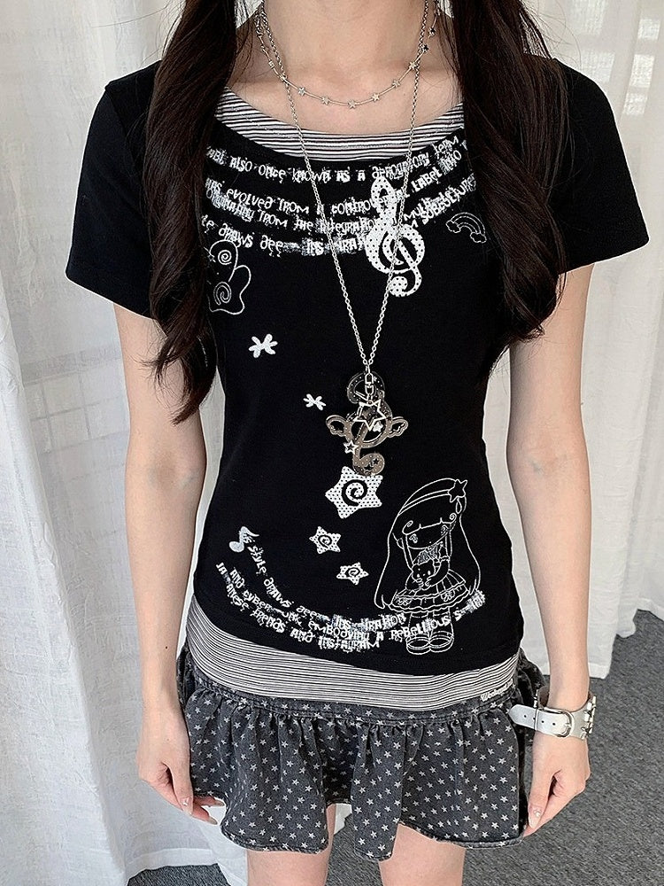 2-Color Round Neck Fake Two-Piece Striped Short Sleeve Top with Star Print - Solkatt