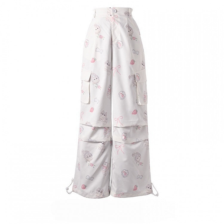 Cuffs – Entzückende weiße Hose mit weitem Bein und Cargotaschen mit Kitty-Print und Kordelzug
