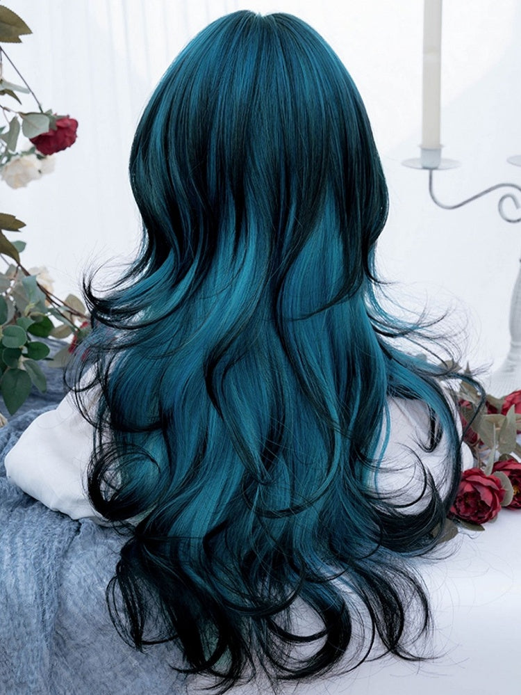Blue-black Ombre Long Wavy Synthetic Wig With Bangs