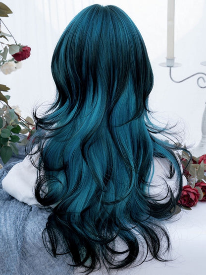 Blue-black Ombre Long Wavy Synthetic Wig With Bangs