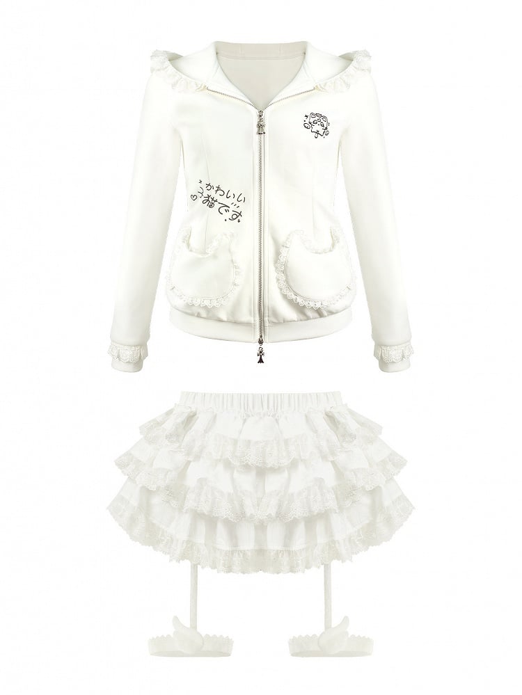 Daily Lace Leg Trim Skirt Kawaii Tiered Garters White with Wings Decor