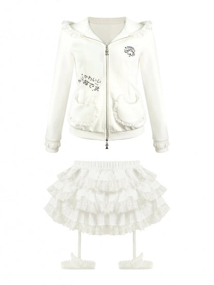 Daily Lace Leg Trim Skirt Kawaii Tiered Garters White with Wings Decor