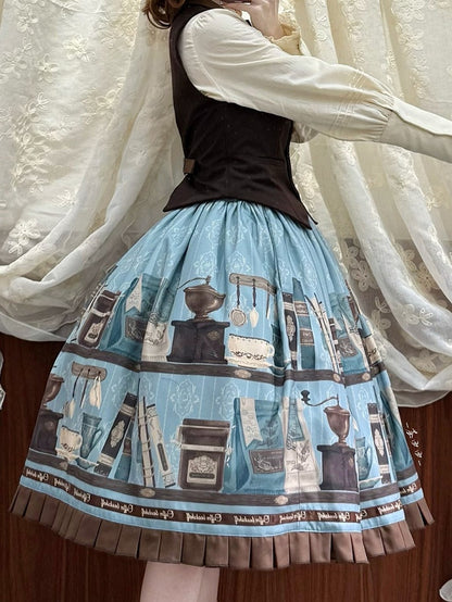 Blue Brown Coffee Cup Bookshelf Print Elegant Skirt Ruffled Hem - Dream Whale