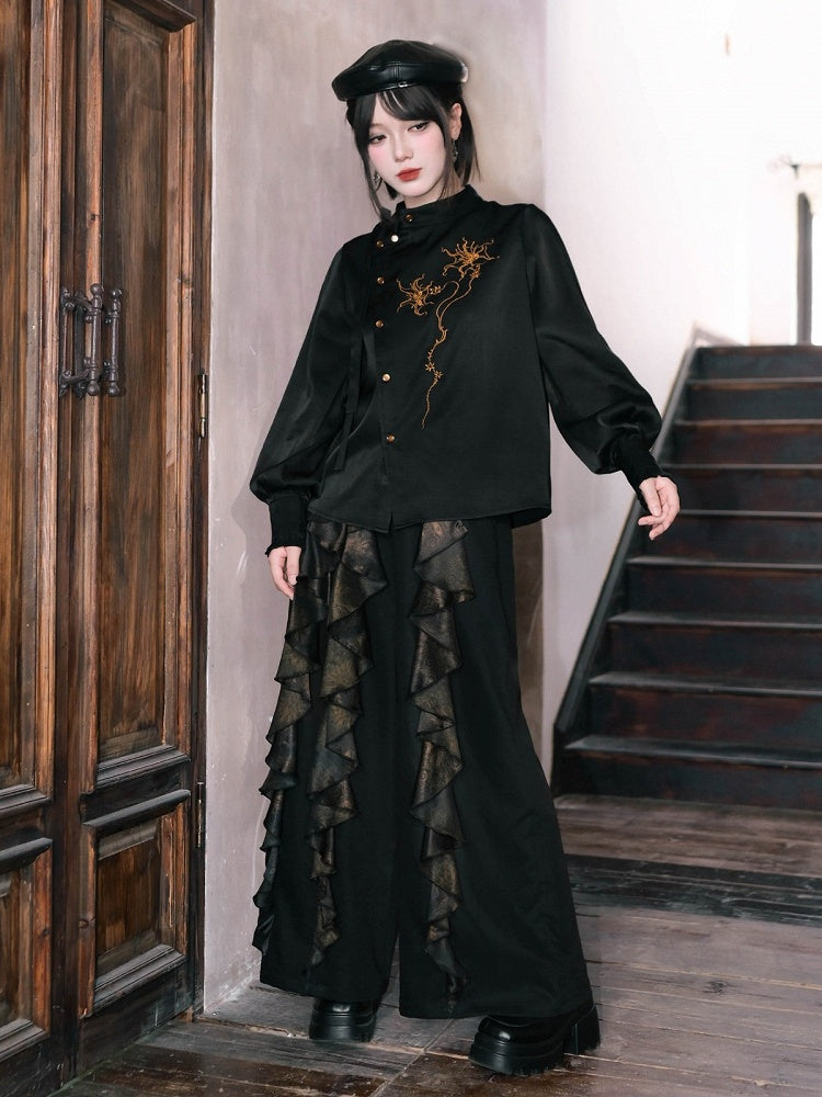 Black Stand Collar Long Sleeve Shirt with Asymmetric Placket, Mandala Embroidery and Tie Accents - Quirky Hut