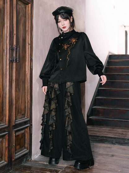 Black Stand Collar Long Sleeve Shirt with Asymmetric Placket, Mandala Embroidery and Tie Accents - Quirky Hut