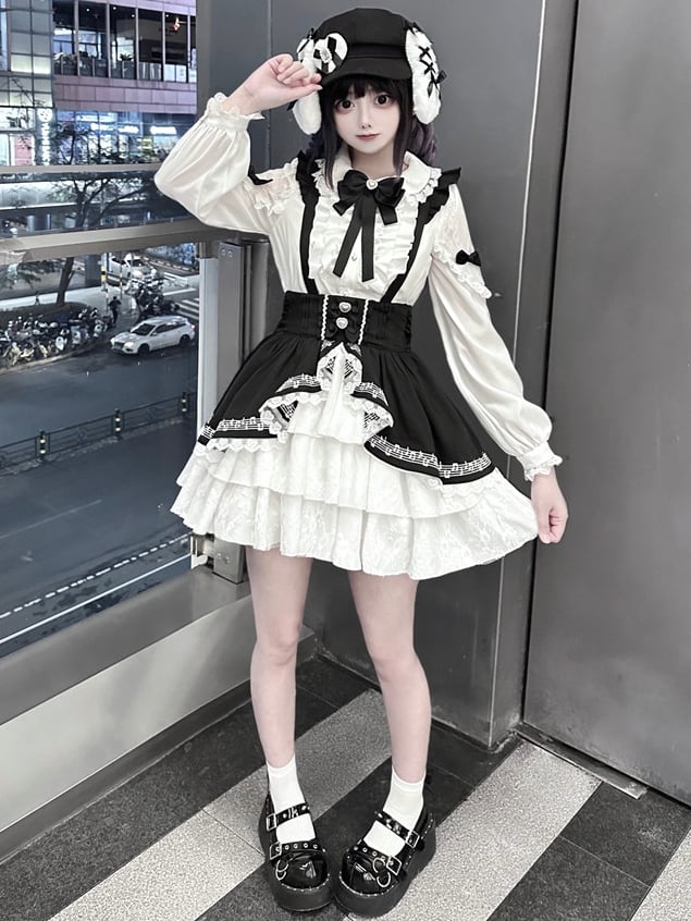 Jirai Kei Black and White High-Waisted Tiered Skirt Landmine Style Overall Dress