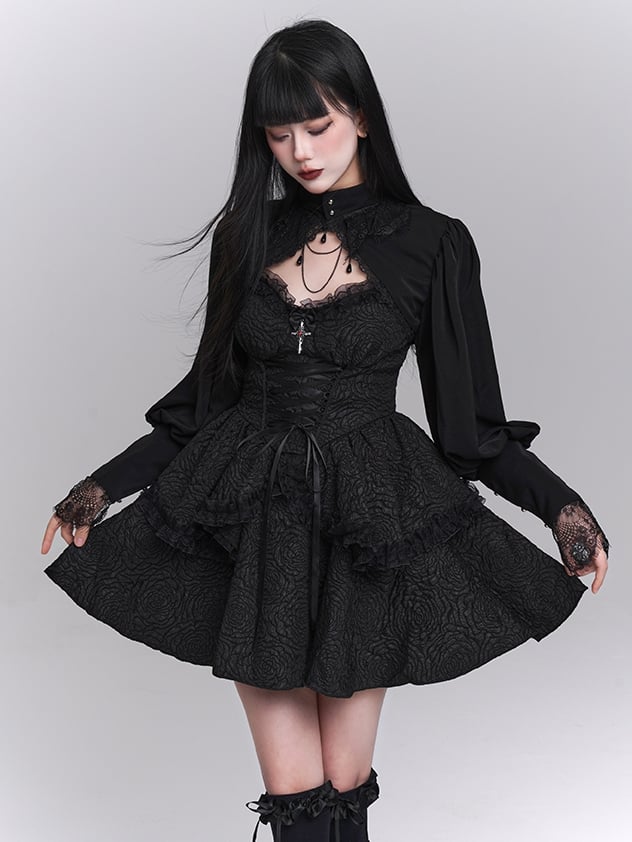 スカート ゴシック ブラック スウィートハートネックライン レースアップフロント ティアード