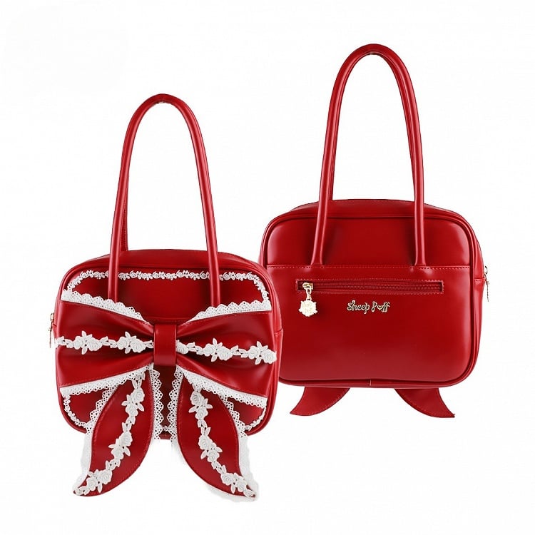 Schulter (3 Vordertaschen aus roter Spitze) kontrastierende Statement-Besätze in quadratischen und weißen Lolita-Stilen mit PU-Schleife