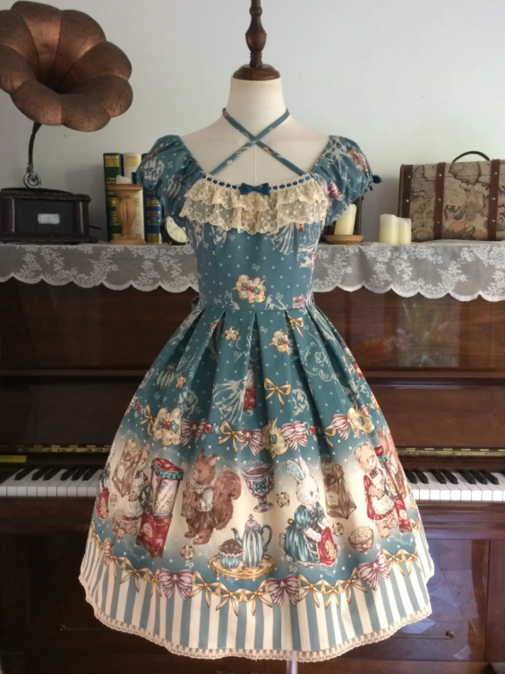 Teal Halter Lolita OP Dress with Popcorn Bear Print, Long/Short Version - Sweet Dream