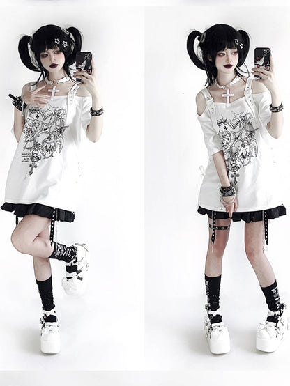 Black/White with T-shirt Gothic Off-Shoulder Choker Y2K Free Angel Heavenly