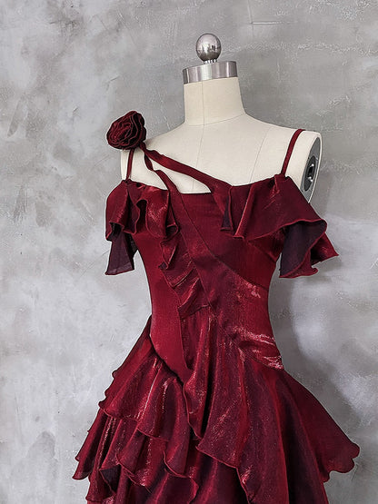Evening Gown Red Shimmer Flounce Spaghetti Strap Prom - Eas Candy