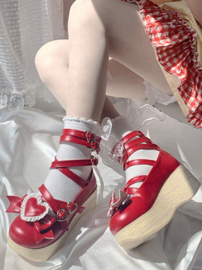 - Bow Red Sole Round Pattern Janes Toe Detachable 6.5cm Shoes Heart with Mary Platform Wood