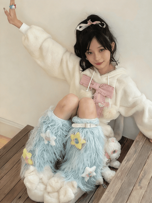 With Decorated Pink/Blue Studded Stars Garter Plush Warmers Leg