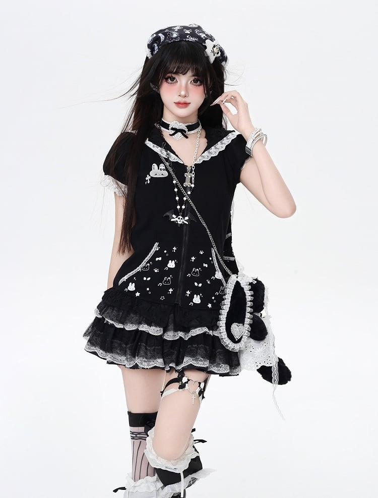 Jirai Trim Bunny Ears Design Hood Lace Kei Black/White