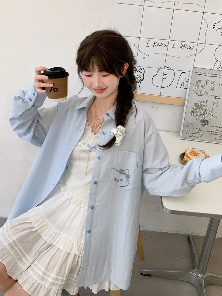 Back Shirt Kitty Embroidery on Pocket Kitty-shaped Detail Blue/Pink Loose Cutout