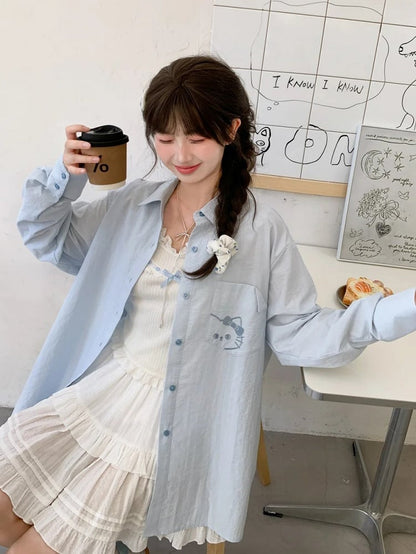 Back Shirt Kitty Embroidery on Pocket Kitty-shaped Detail Blue/Pink Loose Cutout