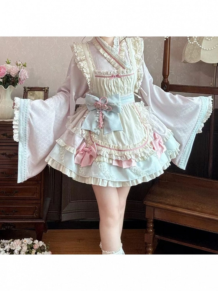 Hanfu-Inspired Lolita Top, Ruffle Mini Skirt & Apron Set in Pink Blue - Berry Story Lolita