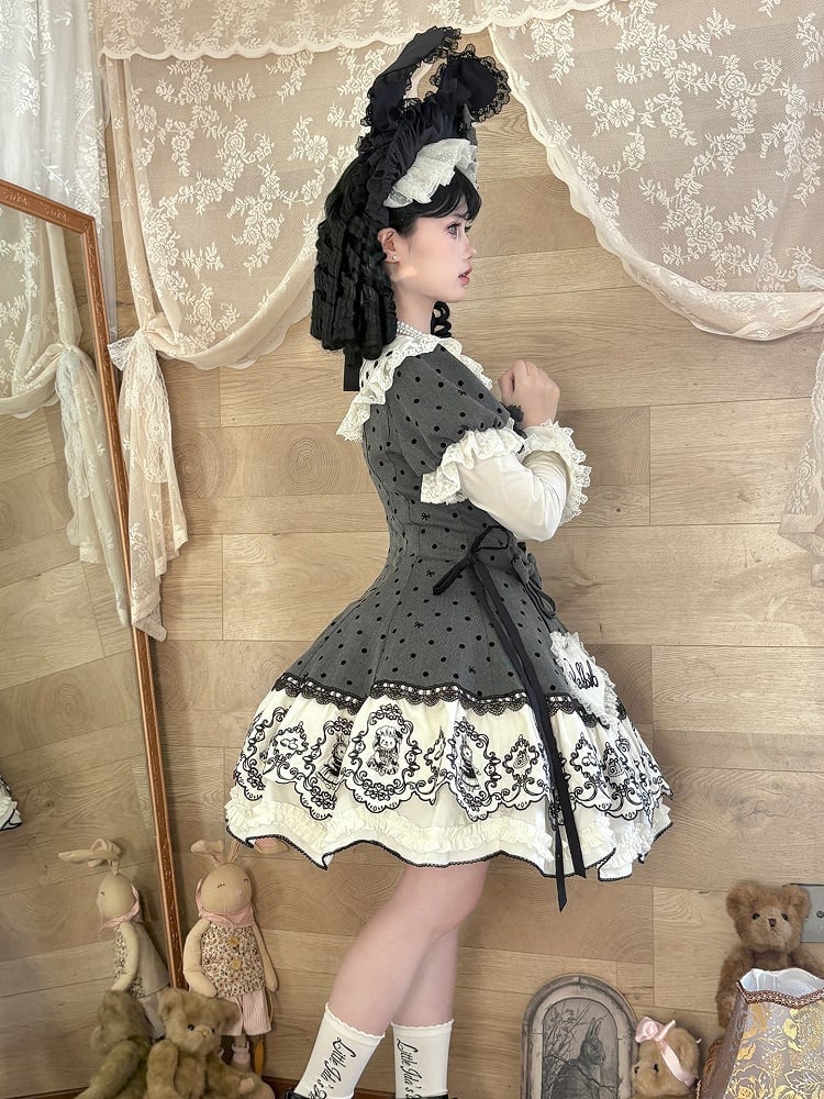 Sweet Rabbit Gray Polka Dot Pattern Sweetheart Lolita Detachable Dress Bonnet + with Sleeves Set Appliques
