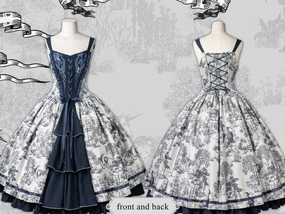 Bodice Forest Elegant Dress and Dark Corset Animals Lolita with Print Blue