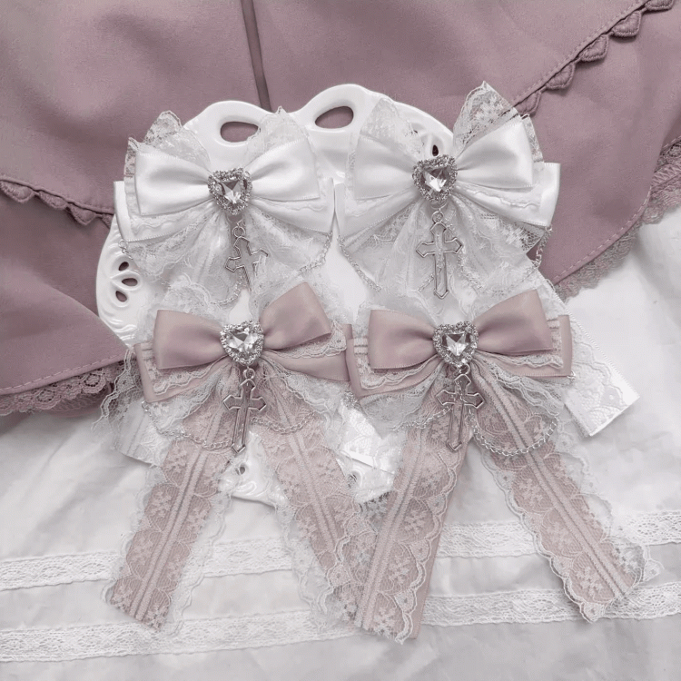 Charm Lace Bow Hairclips White/Pink/Dusty Cross Jirai Kei Pink/Black/Blue