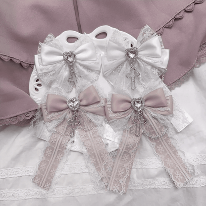 Charm Lace Bow Hairclips White/Pink/Dusty Cross Jirai Kei Pink/Black/Blue