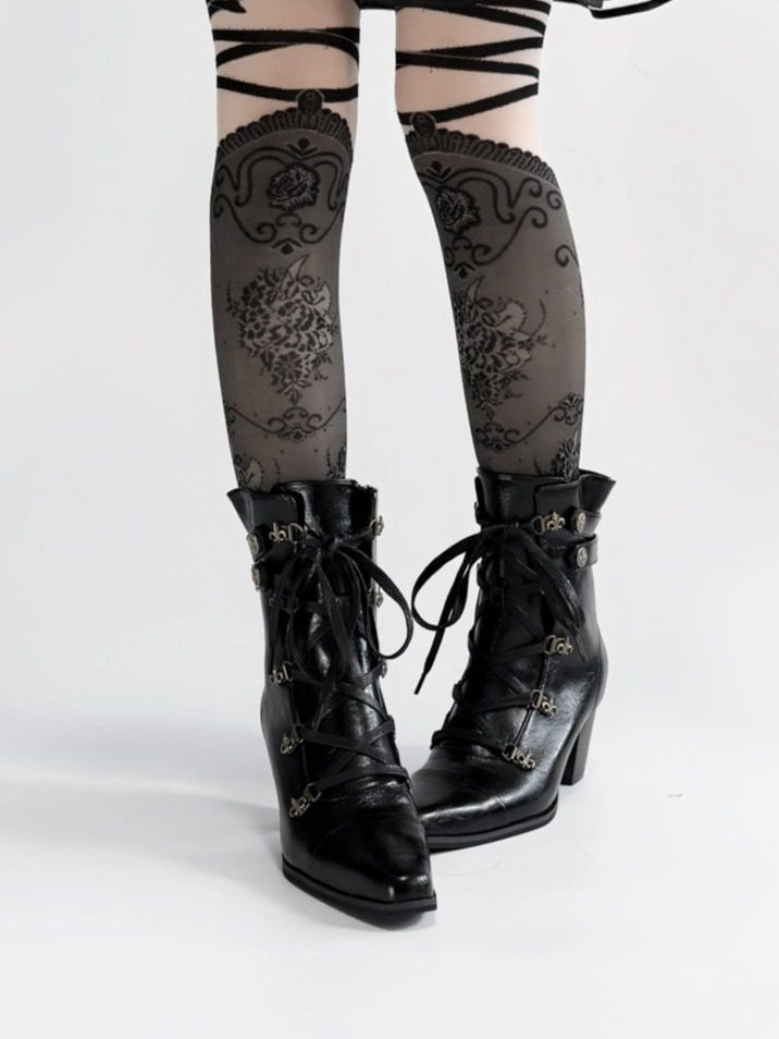 Fastening Black Boots Toe Zip in Lace Steampunk with Hybrid Mid-heel Pointed Design PU