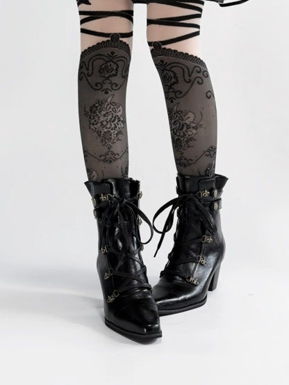 Fastening Black Boots Toe Zip in Lace Steampunk with Hybrid Mid-heel Pointed Design PU