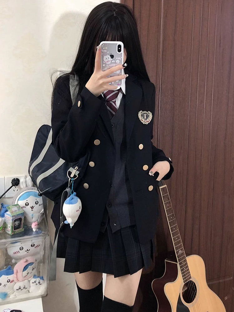 JK Decorated Blazer Blue Preppy Style Badge Uniform Dark