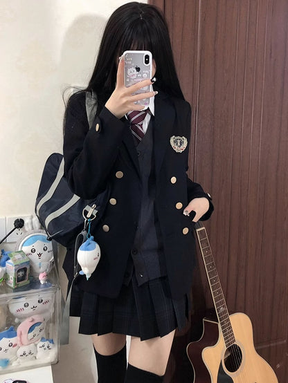 JK Decorated Blazer Blue Preppy Style Badge Uniform Dark