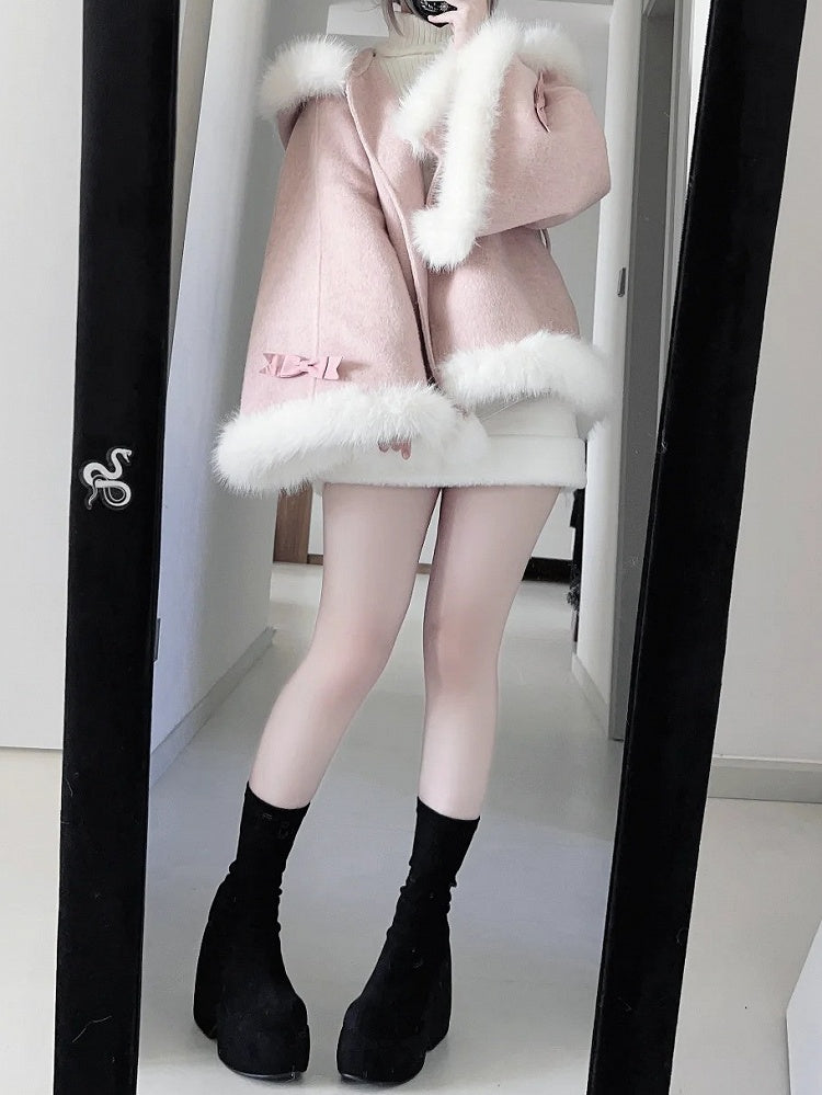 Plush-Trimmed Pink Cape Coat - Jirai Kei Pure Style with Detachable Bunny Ears & Bow Accents